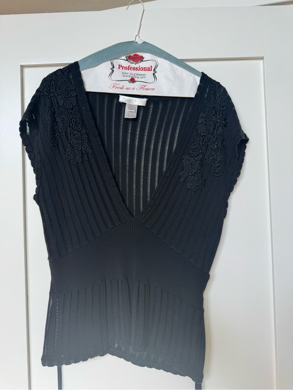 White House Black Market Black Ribbed V‑Neck Knit Top with Lace Shoulders